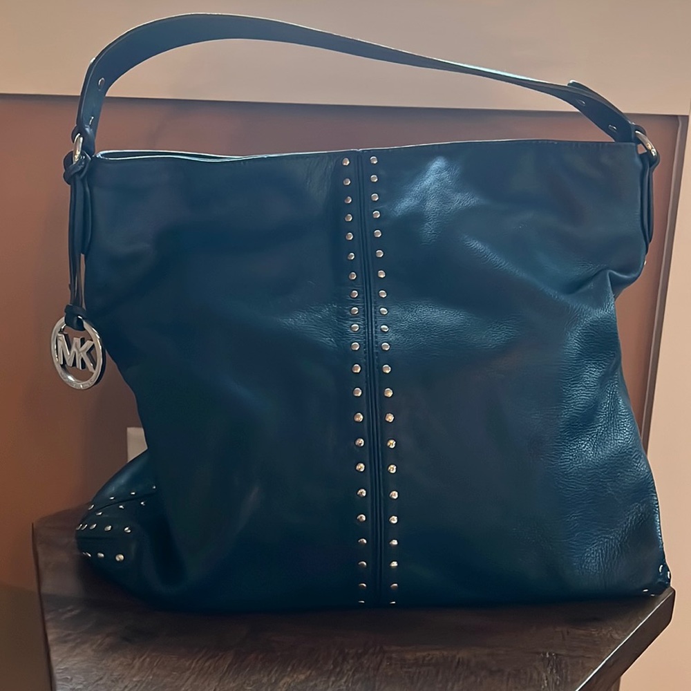 Michael Kors Blue Leather Hobo Bag with Silver Accents